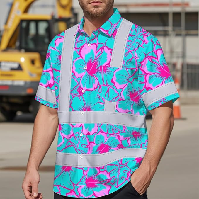 High Visibility Hawaiian Shirt for Men Tropical Shirts Custom Name Floral Outfit Reflective Safety Workwear
