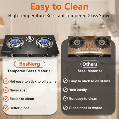 Propane Stove 3 Burner Gas Stove, 34000 BTU High-Efficiency Auto Ignition Tempered Glass LPG Cooktop with CSA Regulator and Hose – for Outdoor Camping, RV, and Emergency Cooking