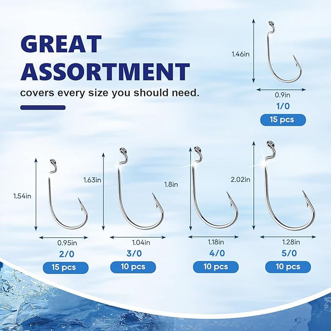 UCEC Fishing Hooks, 140PCS/ 100PCS/ 60PCS EWG Offset Worm Hooks Bass Hooks Wide Gap 2X Strong Senko Bait Texas Rig Jig Fish Hooks for Bass Trout Saltwater Freshwater Size:#4#2#1 1/0 2/0 3/0 4/0 5/0