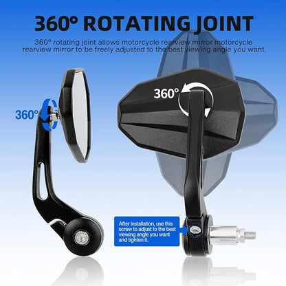 DREAMIZER Motorcycle Bar End Mirrors Black CNC Bar End Mirrors for Motorcycles Compatible with Honda Kawasaki Suzuki Scooter and More (White Glass Lens)