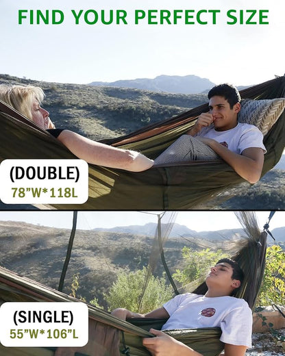 Sunyear Camping Hammock, Portable Single & Double Hammock with Net, 2 Person Hammock Tent with 2 * 10ft Straps, Best for Outdoor Hiking Survival Travel