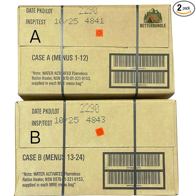 MRE, U.S. MRE Meals, Emergency Supplies, Emergency Food Supply, Survival Food, Freeze Dried Food w/Flameless Heater, Ready Meals (Variety Pack of 24) – (A & B Case Inspection 2025, 2026)