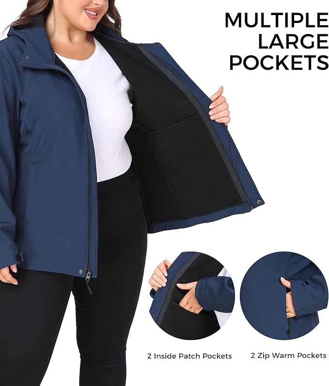 wantdo Women's Plus Size Softshell Jackets Hooded Warm Fleece Lined Windbreaker