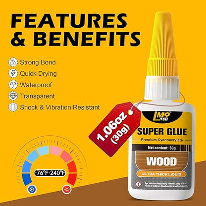 Wood Super Glue Liquid, Clear Instant Cyanoacrylate Adhesive for Wood Crafts Repair Woodworking, All Purpose CA Glue for Shoe Ceramic Plastic Leather Glass Model Metal Pottery Aquarium Porcelain Stone