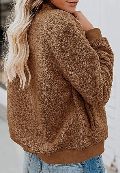 MIROL Women's Fall Trendy Fleece Jacket Faux Sherpa Fuzzy Casual Long Sleeve Zip Up Loose Fit Bomber Winter Coat