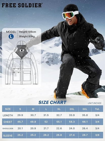 FREE SOLDIER Men's Waterproof Ski Jacket Fleece Lined Warm Winter Snow Coat with Hood Fully Taped Seams