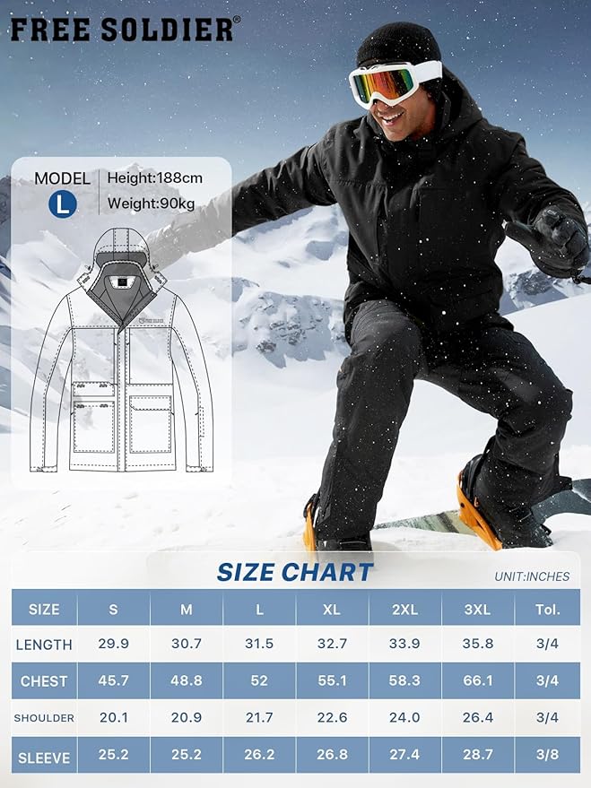 FREE SOLDIER Men's Waterproof Ski Jacket Fleece Lined Warm Winter Snow Coat with Hood Fully Taped Seams