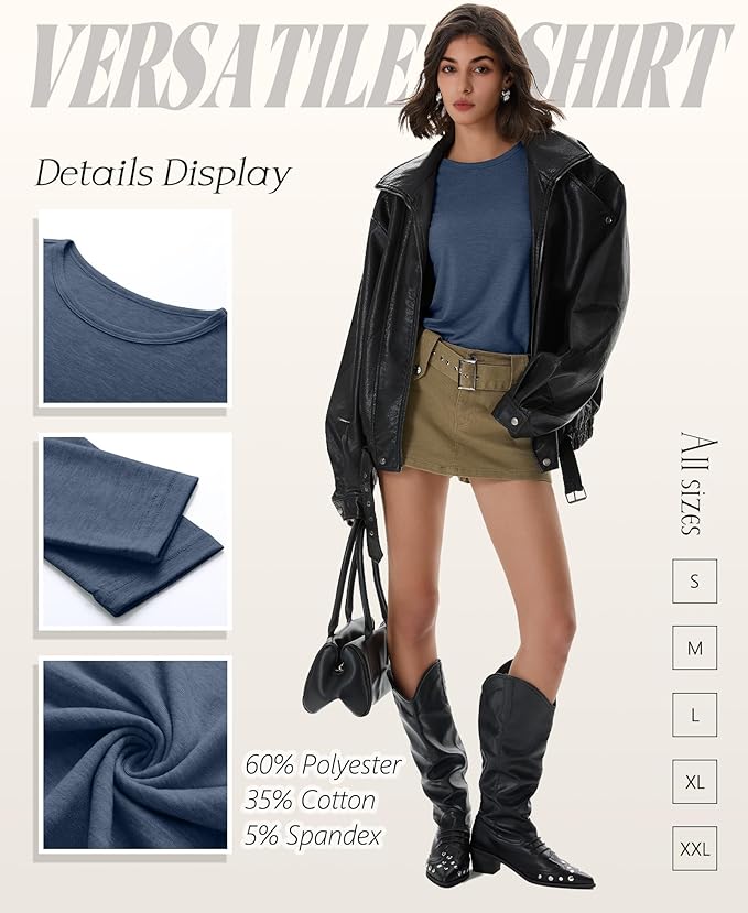 Huukeay 5 Pack Women's Crew Neck Long Sleeve Shirts, Cotton Blend Casual Clothes Workout Basic Layering Tee Tops Multipack