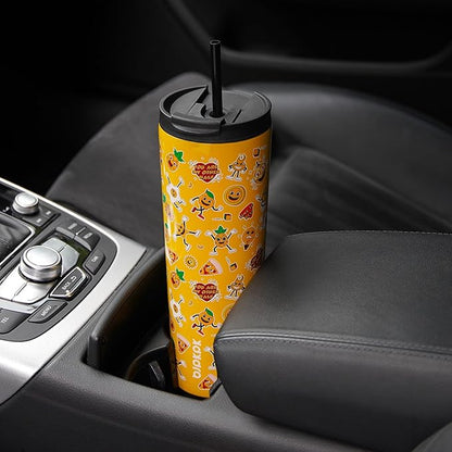 BJPKPK 22oz Insulated Tumbler With lid And Straw Stainless Steel Tumblers Travel Coffee Mug Reusable Thermal Cup,Hawaii Fruits Yellow