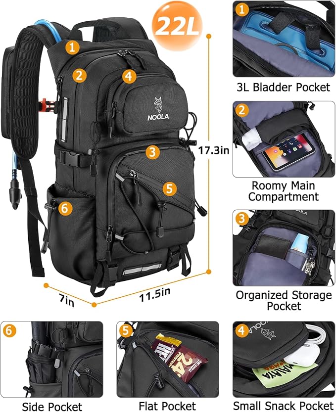 NOOLA Hydration Backpack with 3L Water Bladder, 22L Water Backpack for Hiking Cycling Running Biking, Lightweight Hiking Pack (Black)