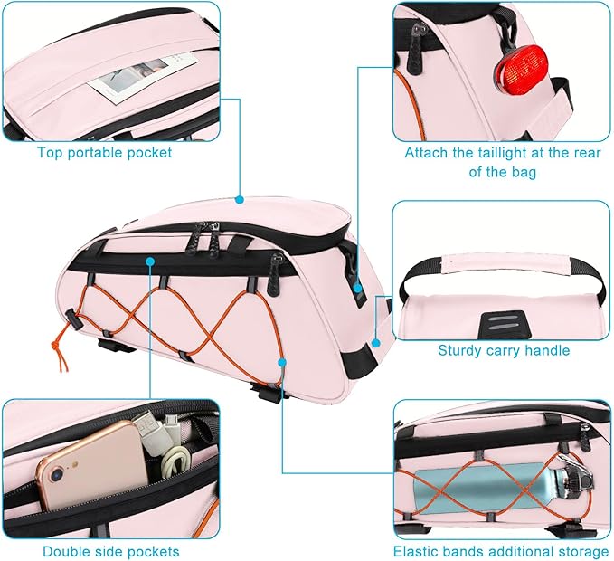 MOSISO Bike Rack Bag with 2 Removable Panniers, Waterproof Bike Trunk Cooler Storage Handbag Insulated Bicycle Rear Seat Pouch, Bicycle Storage Saddle Shoulder Bag Cycling Luggage Pouch, Pink