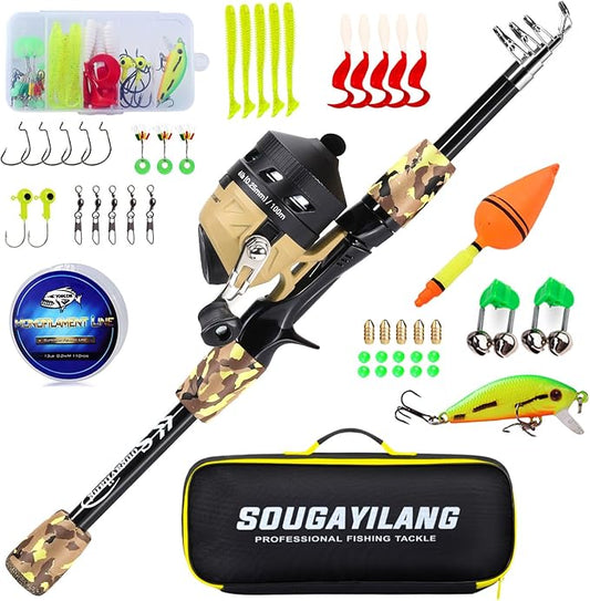 Sougayilang Kids Fishing Rod and Reel Combo,Light Weight Fishing Pole with Spincast Fishing Reel Tackle Bag Lures for Youth,Girls and Boys Good Starter Fishing Kit