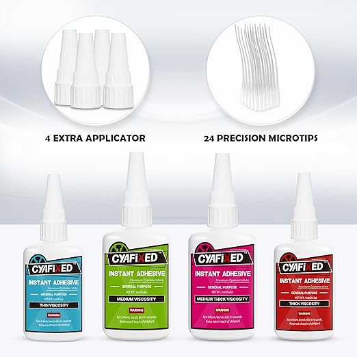 Super Glue Kit, 6 oz CA Glue (Thick, Medium-Thick, Medium, Thin) with Anti-Clog Caps & Microtips, Instant Clear Cyanoacrylate Adhesive for Woodworking, 3D Printing, Plastic, Ceramic, Glass