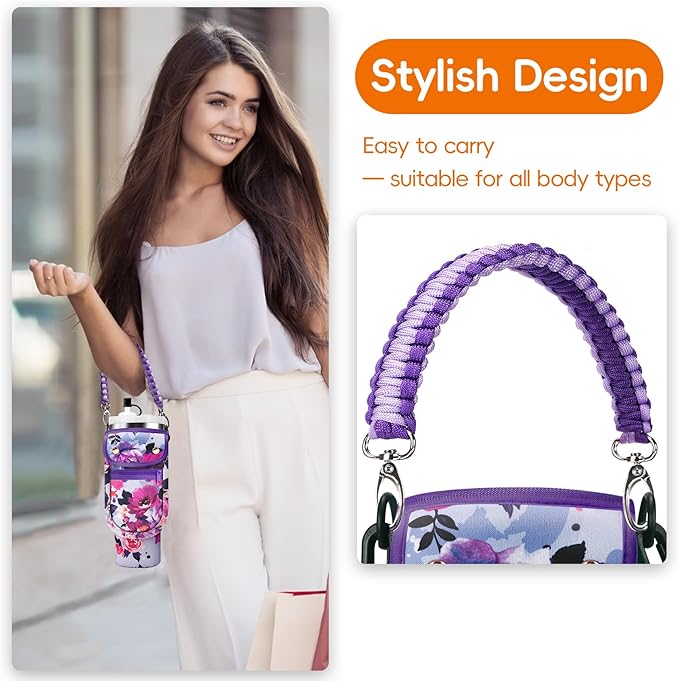 Water Bottle Carrier Bag with Phone Pocket for Stanley 40/30 oz Tumbler Neoprene Insulated Mug Sleeve Pouch with 2 Pockets & Adjustable Strap & Straw Cover for Stanley Cup Accessories