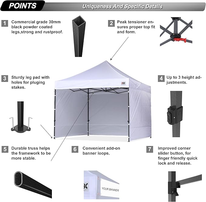 ABCCANOPY Heavy Duty Easy Pop up Canopy Tent with Sidewalls 10x10, White