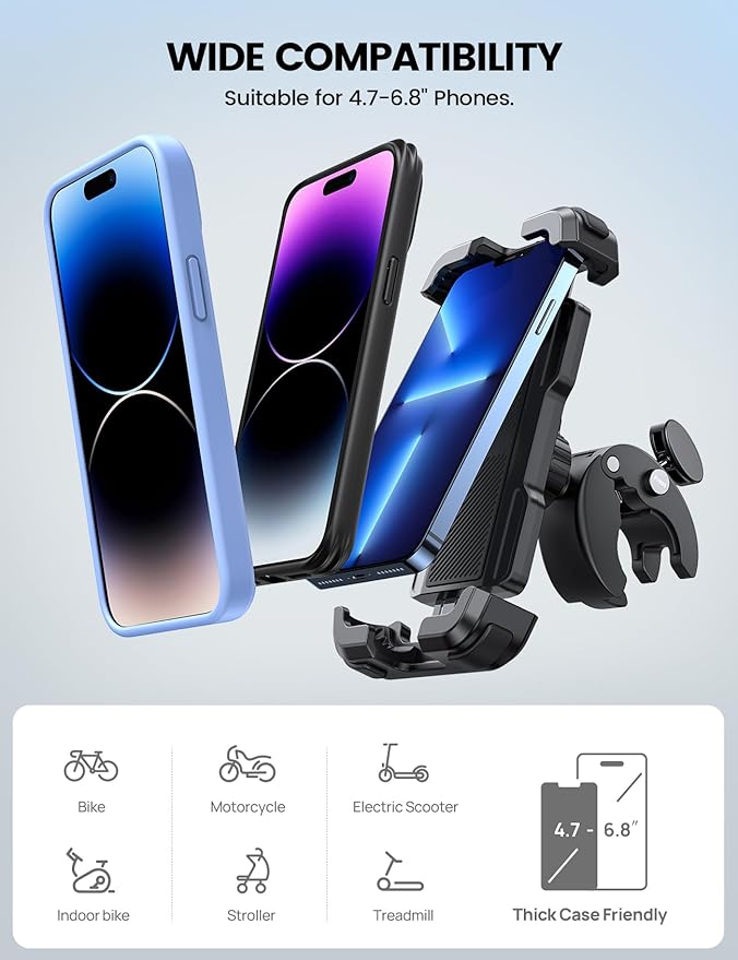 Lamicall Motorcycle Phone Mount, Bike Phone Holder - [Metal Lock] Upgrade Quick Install Handlebar Clip for Bicycle Scooter, Cell Phone Clamp for iPhone 17 16 15 Pro Max, Galaxy, 4.7-6.8" Phones
