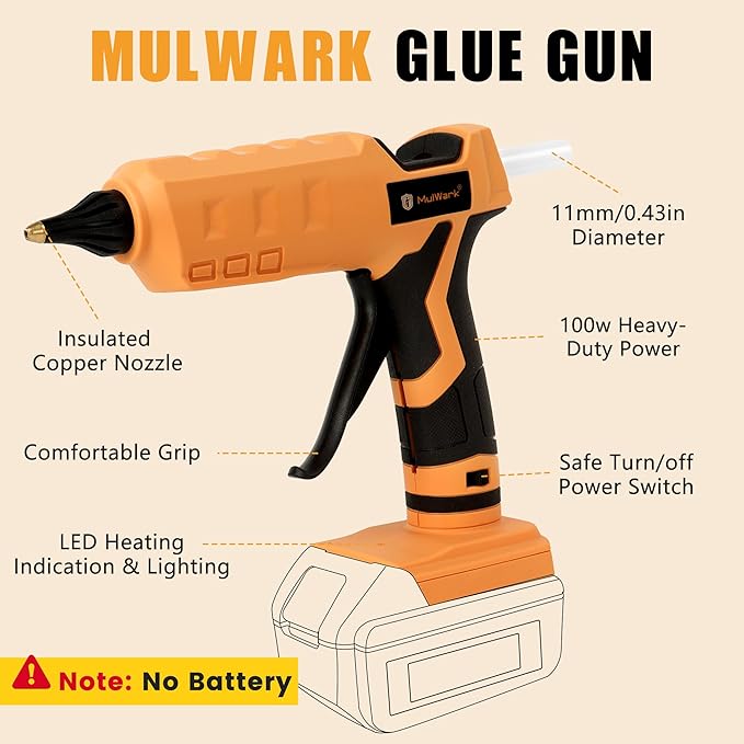 Mulwark Cordless Hot Glue Gun 100W for Milwaukee 18V Battery Handheld Wireless Power Glue Gun Full Size with 30pcs Glue Sticks for Wood, Glass, Home Repair, Arts & Crafts & DIY (battery not included)