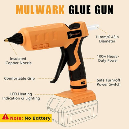 Mulwark Cordless Hot Glue Gun 100W for Milwaukee 18V Battery Handheld Wireless Power Glue Gun Full Size with 30pcs Glue Sticks for Wood, Glass, Home Repair, Arts & Crafts & DIY (battery not included)