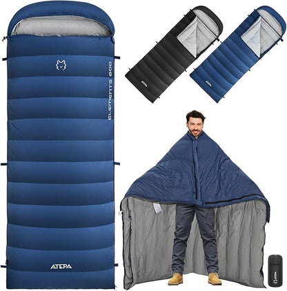 ATEPA Down Sleeping Bag for Adults, 650FP Recycled Wearable Ultralight 3 Season Packable Compact Waterproof Sleeping Bag with Compression Sack for Backpacking Camping Hiking