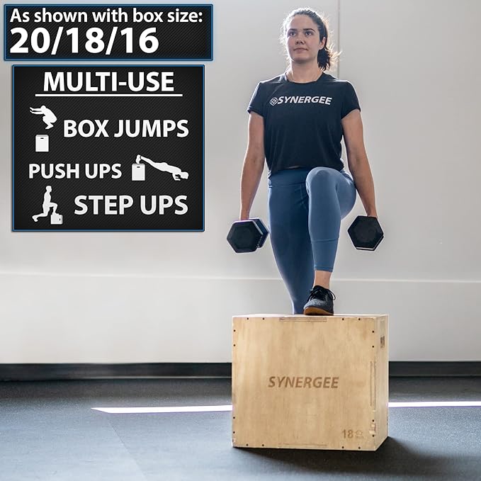 Synergee 3 in 1 Wood Plyometric Box for Jump Training and Conditioning. All in One Jump Trainer. Sizes 30/24/20, 24/20/16, 20/18/16, 16/14/12
