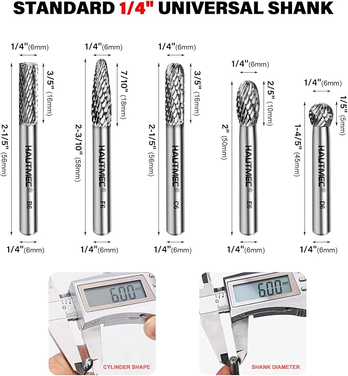HAUTMEC Tungsten Carbide Rotary Burr Bit Set– 1/4" Shank with Portable Storage Bag, Double Cut Tungsten Rotary File for Die Grinder, Suit for Metal Carving, Grinding, Engraving & Deburring - HT0453