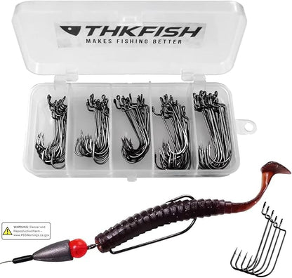 THKFISH 50pcs/100pcs/box Offset Worm Hook Fishing Hook Set Dropshot Hook Set Rubber Fish Jigs Fishing Kit # 2# 1 1/0 2/0 3/0