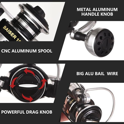 Spinning Fishing Reels, Lightweight Spinning Reel, 15.5 LBs Max Drag, 5.1:1/5.5:1 High Speed Ultra Smooth Powerful with CNC Aluminum Spool Fishing Reels Freshwater(Black/Gold)