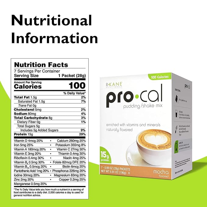 R-Kane Nutritionals Pro-Cal Pudding/Shake Mix, Low Calorie Protein Shake Powder, Meal Replacement Shakes, Mocha-Flavored Boost Drink, 15g Protein, 7 Packets per Box