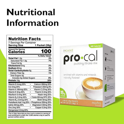 R-Kane Nutritionals Pro-Cal Pudding/Shake Mix, Low Calorie Protein Shake Powder, Meal Replacement Shakes, Mocha-Flavored Boost Drink, 15g Protein, 7 Packets per Box