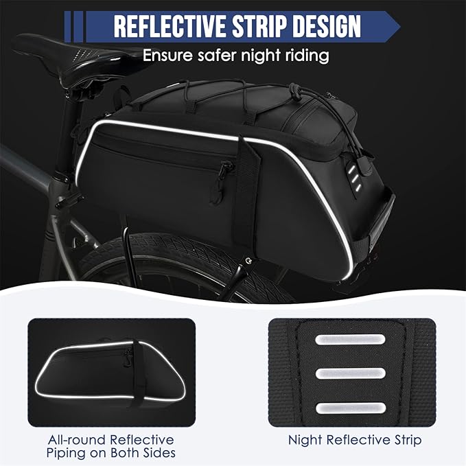 WOTOW Bike Rack Bag Waterproof - 9.5L Large Capacity Bike Trunk Bag, Reflective Bicycle Saddle Panniers, Cycling Bags Back Seat Storage Cargo Carrier Pouch with Shoulder Strap & Hook