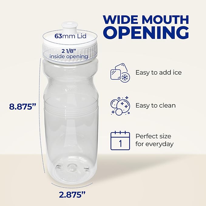 Rolling Sands USA Made 24 Ounce Sports Water Bottles - 30 Pack BPA-Free Blank Plastic Bottles for Teams, Gyms & Studios - Translucent Clear Bottle/Yelow Lid