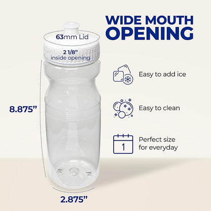 Rolling Sands USA Made 24 Ounce Sports Water Bottles - 30 Pack BPA-Free Blank Plastic Bottles for Teams, Gyms & Studios - Translucent Blue Bottle/Blue Lid