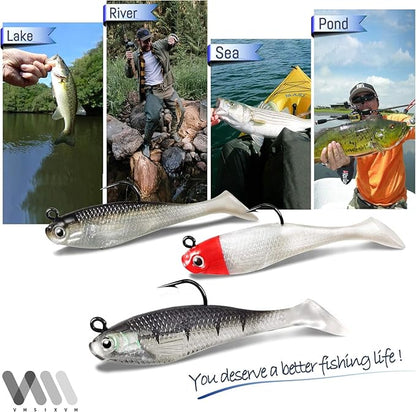 Soft Fishing Lures Shad Minnow Swimbaits, Pre-Rigged Jig Heads Paddle Tail Swim Baits for Bass, Trout, Walleye, Crappie, Sinking Jigs Bait for Saltwater Freshwater, Fishing Gifts for Men