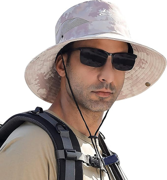 Men's Sun Hat Outdoor UPF50+ Mesh Wide Brim Bucket Safari Cap Foldable Waterproof Boonie Fishing Hats