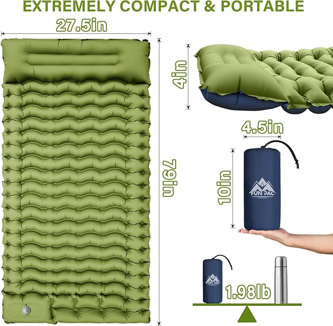 Camping Sleeping Pad, Ultralight Camping Mat with Pillow, Built-in Foot Pump Inflatable Sleeping Pads Compact for Camping Backpacking Hiking Traveling Tent,Single,Green.