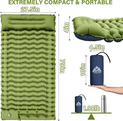 Camping Sleeping Pad, Ultralight Camping Mat with Pillow, Built-in Foot Pump Inflatable Sleeping Pads Compact for Camping Backpacking Hiking Traveling Tent,Single,Green.