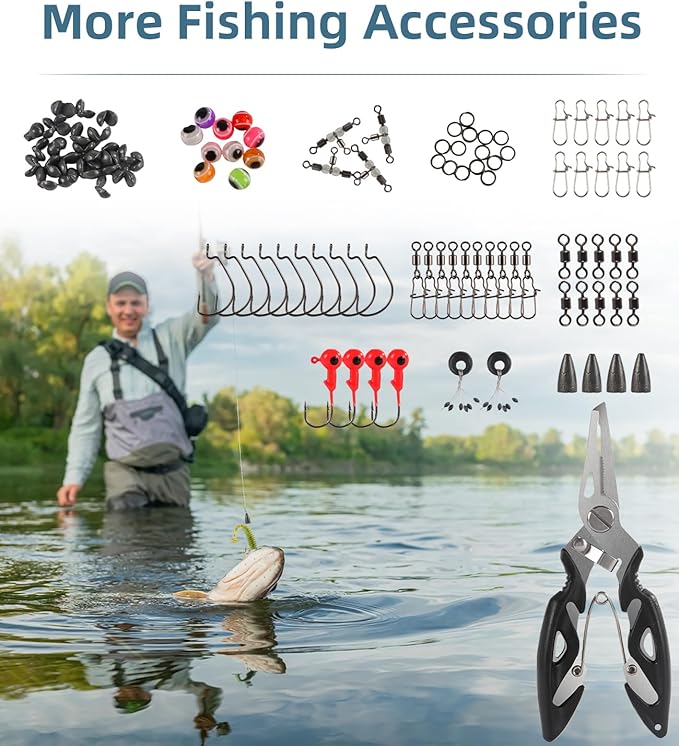 Fishing Lures Hooks Kit, Fishing Gear Tackle Box Kit with Pliers, Bionic Baits,Spoon Lures, Hooks, Weights Freshwater, Saltwater and Accessories for Men Women Kids Fishing Tackles Gift