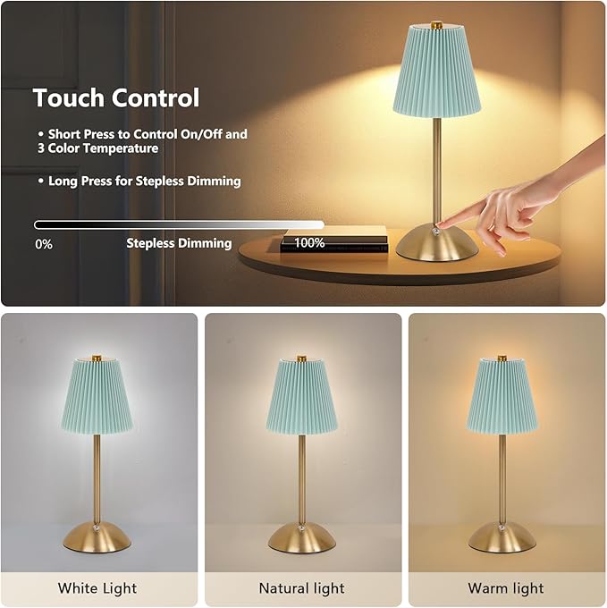 Cordless LED Table Lamp with Dimmer, Built-in Rechargeable Battery, 3-Level Brightness, Patio Table Lamp, Bedside Night Lamp, Ambient Light for Restaurant, Antique Brass (Baby Blue)
