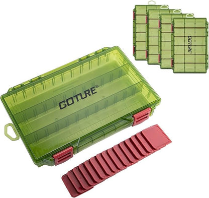 Goture Fishing Tackle Box Organizer - Transparent Fishing Organizer Box w/Measurement Ruler, Adjustable Dividers, Dual Latches | 4 Pcs 3600 Tackle Tray| Ergonomic Grip
