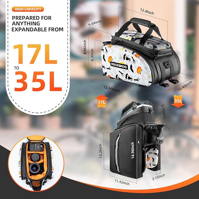 ROCKBROS Bike Rack Bag Trunk Halloween Pattern Waterproof Bike Bags for Bicycle Rear Rack EVA Hard Shell Bicycle Rear Seat Cargo Pack Pannier 35L
