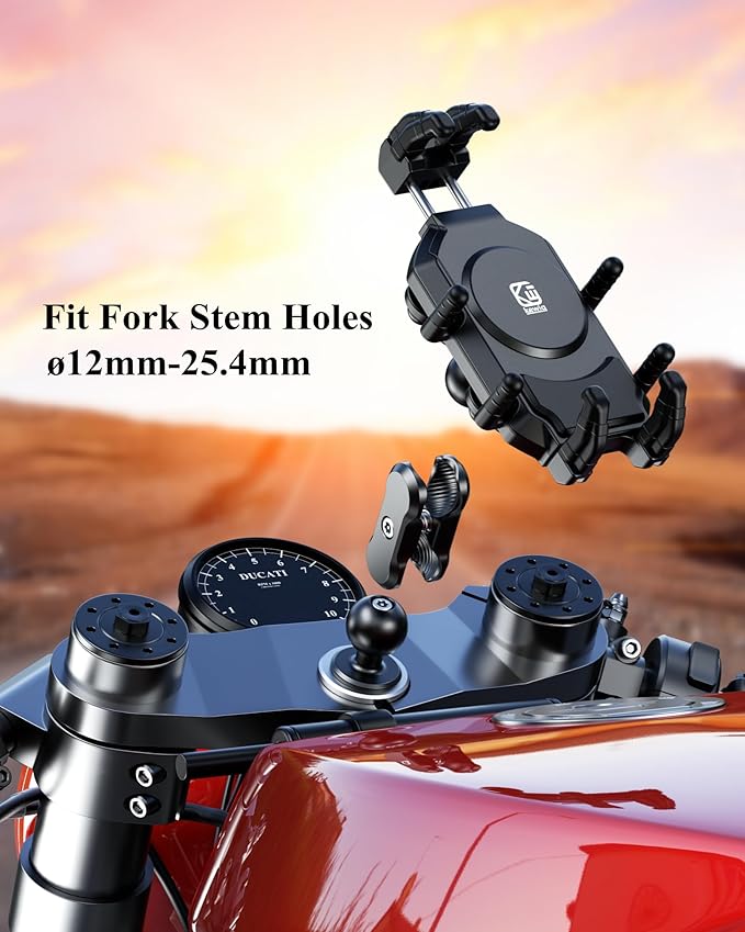 BRCOVAN Anti-Theft Motorcycle Fork Stem Phone Mount Holder with Vibration Dampener & High-Speed Secure Lock, Heavy Duty, Adjustable Size, Big Phone Friendly, Fit for 5.4-7.2'' Cellphone