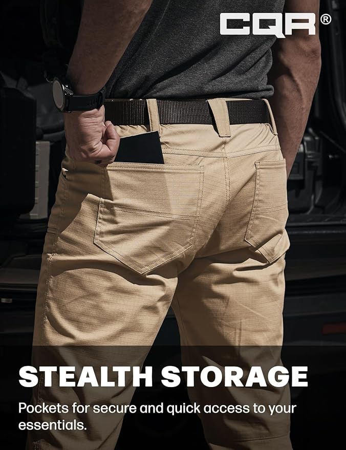 CQR Men's Flex Stretch Tactical Pants, Water Resistant Ripstop Cargo Pants, Lightweight EDC Outdoor Work Hiking Pants