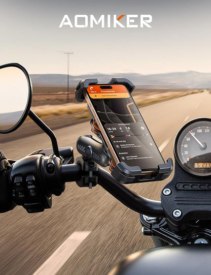 Aomiker Motorcycle Phone Holder Mount - [Metal Extension Arm] [Dual Vibration Dampener] Motorcycle Cell Phone Mount, Bike Phone Handlebar Clamp for iPhone 16 15 14 13 Pro Max Plus, 4.7-6.7" Smartphone