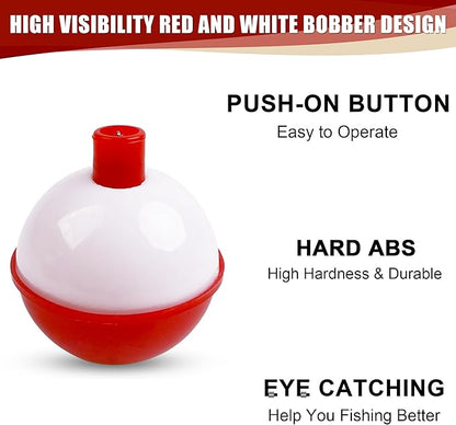Fishing Folats Bulk Hard ABS Bobbers Snap-on Floats Push Button Round Buoy Float Bobbers for Crappie Panfish Walleyes Red and White 0.75"/1"/1.25"/1.5"/1.75"/2"/2.5"