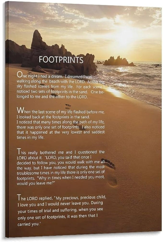 Footprints in the Sand Religious Canvas Wall Art Posters, Inspirational Beach Sunset Poem Print Poster (Framed 16x24inch, Footprints(2))
