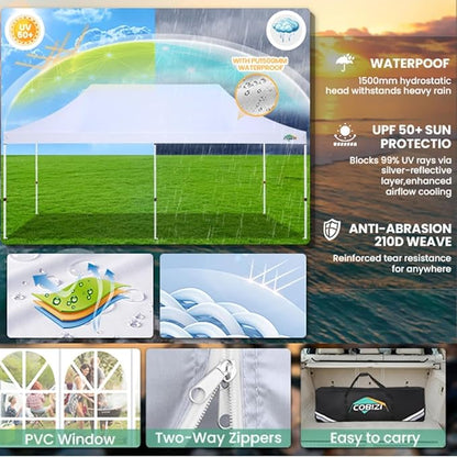 COBIZI 10x20 Pop Up Canopy Tent with Sidewalls,Party Tent Outdoor Gazebos, Waterproof & UV50+,3 Adjustable Heights,Higher Frame Design - Extra Tall for Parties Backyard,Weddings,Markets, White