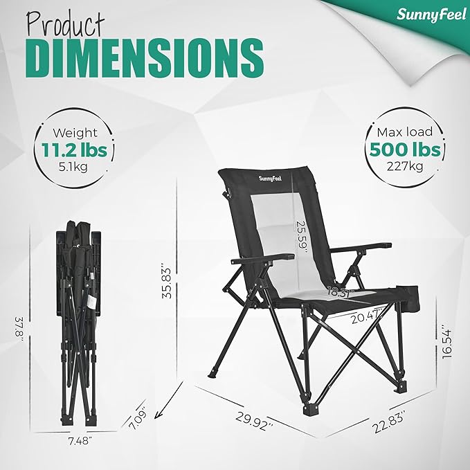 SUNNYFEEL Ergonomic High Back Camp Chair - 500lbs Heavy Duty Folding Chair, UV-Resistant Portable Camp Chair with Hard Armrests, Cup Holder＆ Bag for Outdoor, Basebal, Travel, Sports, Hiking, Fishing