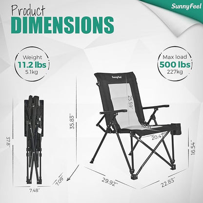 SUNNYFEEL Ergonomic High Back Camp Chair - 500lbs Heavy Duty Folding Chair, UV-Resistant Portable Camp Chair with Hard Armrests, Cup Holder＆ Bag for Outdoor, Basebal, Travel, Sports, Hiking, Fishing