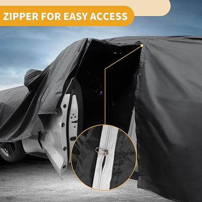 Universal Car Cover Waterproof All Weather 190T-PU, UV Sun Rain Protection, Fits for Truck Length Up to 220", with Left Side Zipper, Black