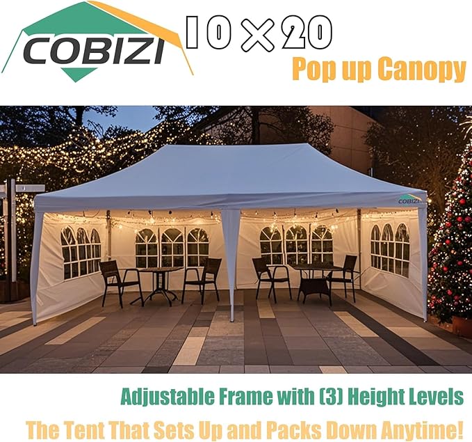 COBIZI 10x20 Pop Up Canopy Tent with Sidewalls,Party Tent Outdoor Gazebos, Waterproof & UV50+,3 Adjustable Heights,Higher Frame Design - Extra Tall for Parties Backyard,Weddings,Markets, White